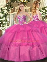 Artistic Floor Length Hot Pink Quinceanera Gowns Tulle Sleeveless Beading and Ruffled Layers