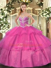 Artistic Floor Length Hot Pink Quinceanera Gowns Tulle Sleeveless Beading and Ruffled Layers