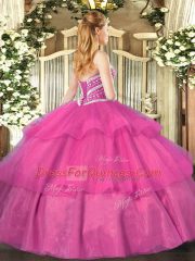 Artistic Floor Length Hot Pink Quinceanera Gowns Tulle Sleeveless Beading and Ruffled Layers