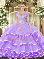 Romantic Lavender Lace Up Scoop Beading and Ruffled Layers Quinceanera Dress Tulle Sleeveless