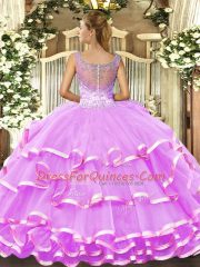 Romantic Lavender Lace Up Scoop Beading and Ruffled Layers Quinceanera Dress Tulle Sleeveless
