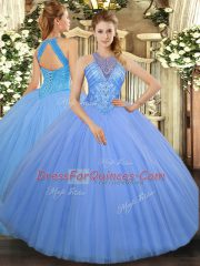 Fancy Floor Length Light Blue Quinceanera Gown Tulle Sleeveless Beading