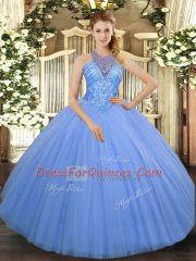 Fancy Floor Length Light Blue Quinceanera Gown Tulle Sleeveless Beading