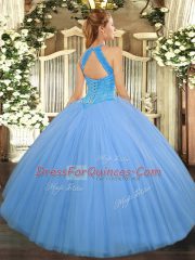 Fancy Floor Length Light Blue Quinceanera Gown Tulle Sleeveless Beading