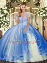 Blue Lace Up Quinceanera Gowns Appliques and Ruffles Sleeveless Floor Length