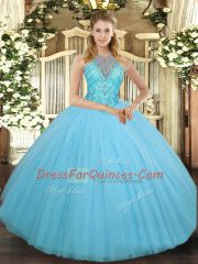 Ball Gowns Quinceanera Gowns Aqua Blue High-neck Tulle Sleeveless Floor Length Lace Up