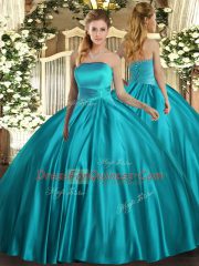 Pretty Teal Quinceanera Dress Military Ball and Sweet 16 and Quinceanera with Ruching Strapless Sleeveless Lace Up