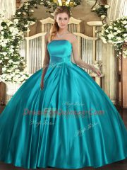 Pretty Teal Quinceanera Dress Military Ball and Sweet 16 and Quinceanera with Ruching Strapless Sleeveless Lace Up