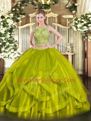 Clearance Scoop Sleeveless Quinceanera Gowns Floor Length Beading and Ruffles Olive Green Organza