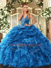 Gorgeous Blue Ball Gowns Straps Sleeveless Organza Floor Length Lace Up Beading and Ruffles and Pick Ups Vestidos de Quinceanera