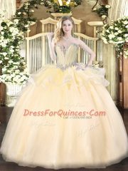 Captivating Champagne Ball Gowns Sweetheart Sleeveless Organza Floor Length Lace Up Beading Ball Gown Prom Dress