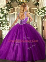 Top Selling Blue Ball Gowns Beading Sweet 16 Dress Lace Up Tulle Sleeveless Floor Length