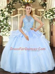 Designer Light Blue Sleeveless Organza Lace Up 15 Quinceanera Dress for Military Ball and Sweet 16 and Quinceanera