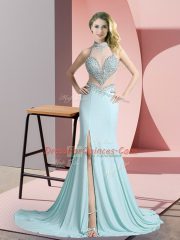 Aqua Blue Evening Dress Prom and Party with Beading High-neck Sleeveless Sweep Train Zipper