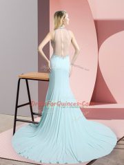 Aqua Blue Evening Dress Prom and Party with Beading High-neck Sleeveless Sweep Train Zipper
