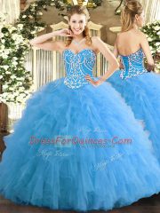 Inexpensive Ball Gowns Quinceanera Dresses Aqua Blue Sweetheart Tulle Sleeveless Floor Length Lace Up