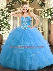 Inexpensive Ball Gowns Quinceanera Dresses Aqua Blue Sweetheart Tulle Sleeveless Floor Length Lace Up