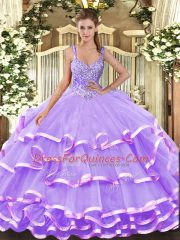 Lavender Ball Gowns Straps Sleeveless Organza Floor Length Lace Up Beading and Ruffled Layers 15th Birthday Dress