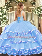 Lavender Ball Gowns Straps Sleeveless Organza Floor Length Lace Up Beading and Ruffled Layers 15th Birthday Dress