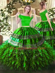 Cheap Off The Shoulder Short Sleeves Zipper Vestidos de Quinceanera Green Organza and Taffeta