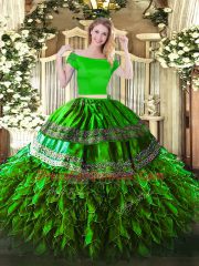 Cheap Off The Shoulder Short Sleeves Zipper Vestidos de Quinceanera Green Organza and Taffeta