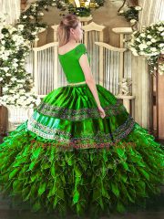 Cheap Off The Shoulder Short Sleeves Zipper Vestidos de Quinceanera Green Organza and Taffeta