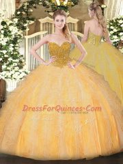 Admirable Orange Organza Lace Up Sweetheart Sleeveless Floor Length Ball Gown Prom Dress Beading and Ruffles