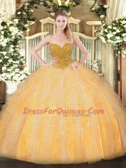 Admirable Orange Organza Lace Up Sweetheart Sleeveless Floor Length Ball Gown Prom Dress Beading and Ruffles