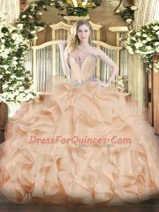 Peach Ball Gowns Sweetheart Sleeveless Organza Floor Length Lace Up Beading and Ruffles Sweet 16 Quinceanera Dress