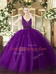 Best Selling Sleeveless Tulle Floor Length Zipper Quinceanera Dresses in Purple with Beading