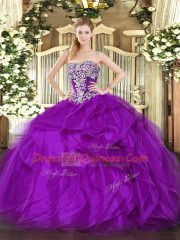 Purple Organza Lace Up Strapless Sleeveless Floor Length Quinceanera Dress Beading and Ruffles