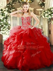 Edgy Ball Gowns Quince Ball Gowns Red Sweetheart Organza Sleeveless Floor Length Lace Up