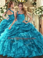 Ruffles and Pick Ups Quinceanera Dress Teal Lace Up Sleeveless Floor Length