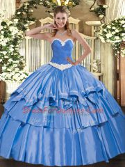 Blue Ball Gowns Organza and Taffeta Sweetheart Sleeveless Appliques and Ruffled Layers Floor Length Lace Up Sweet 16 Quinceanera Dress