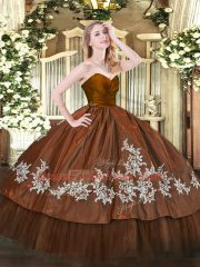 Sleeveless Floor Length Embroidery Zipper Sweet 16 Dress with Brown