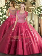 Edgy Hot Pink Clasp Handle Scoop Beading and Appliques 15th Birthday Dress Tulle Sleeveless