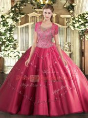 Edgy Hot Pink Clasp Handle Scoop Beading and Appliques 15th Birthday Dress Tulle Sleeveless