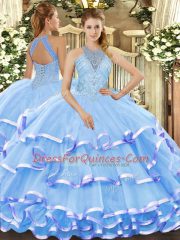 Attractive Aqua Blue Organza Lace Up Halter Top Sleeveless Floor Length Sweet 16 Dress Beading and Ruffled Layers