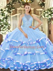 Attractive Aqua Blue Organza Lace Up Halter Top Sleeveless Floor Length Sweet 16 Dress Beading and Ruffled Layers