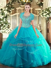 Aqua Blue Ball Gowns Tulle Scoop Sleeveless Beading and Ruffled Layers Floor Length Clasp Handle Quince Ball Gowns