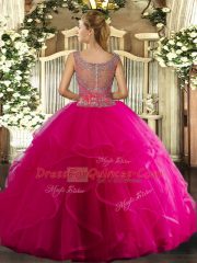 Aqua Blue Ball Gowns Tulle Scoop Sleeveless Beading and Ruffled Layers Floor Length Clasp Handle Quince Ball Gowns