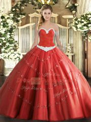 Floor Length Coral Red Quince Ball Gowns Sweetheart Sleeveless Lace Up