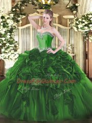Vintage Dark Green Lace Up Vestidos de Quinceanera Beading and Ruffles Sleeveless Floor Length
