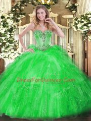 Enchanting Sleeveless Floor Length Beading and Ruffles Lace Up Quinceanera Dress with Green