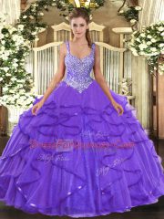 Gorgeous Lavender Ball Gowns Beading and Ruffles Quinceanera Dresses Lace Up Tulle Sleeveless Floor Length