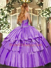 Lilac Ball Gowns Organza and Taffeta Sweetheart Sleeveless Beading and Ruffled Layers Floor Length Lace Up 15th Birthday Dress