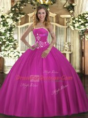 Dramatic Tulle Strapless Sleeveless Lace Up Beading Sweet 16 Quinceanera Dress in Fuchsia