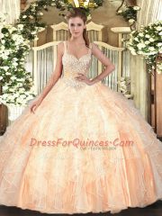 Straps Sleeveless Quinceanera Gown Floor Length Beading and Ruffles Peach Tulle
