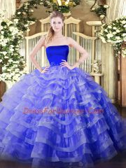 Stunning Blue Zipper Strapless Ruffled Layers Sweet 16 Dresses Tulle Sleeveless