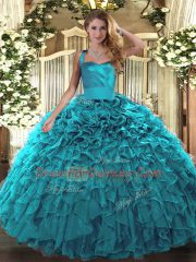 Elegant Floor Length Teal Sweet 16 Dresses Organza Sleeveless Ruffles